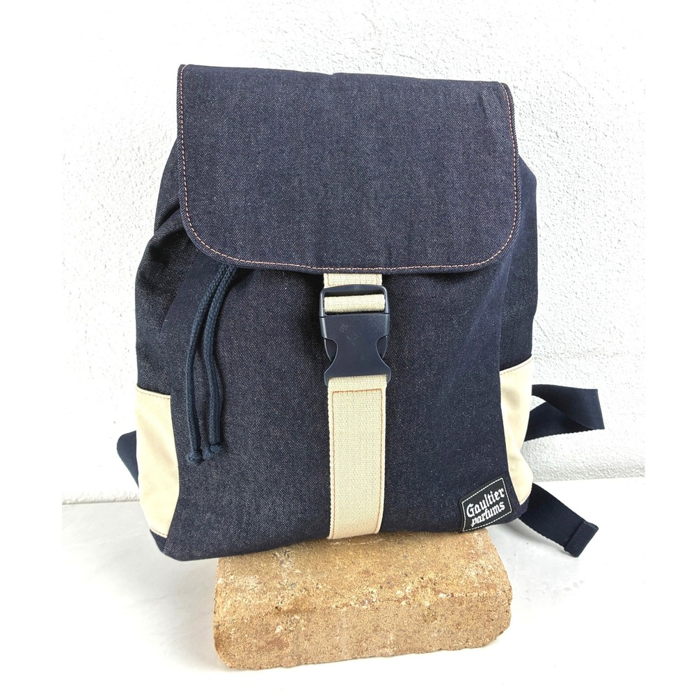 Jean Paul Gaultier Parfums Navy Blue Denim Backpack Canvas Buckle Streetwear Bag